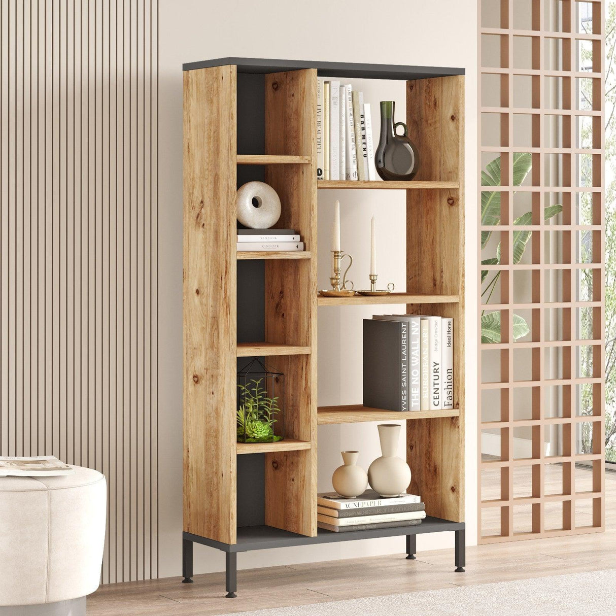 Biblioteca Silahtar cu 9 rafturi, 72 x 134 x 26 cm - Stejar, SKU 956LCS1405