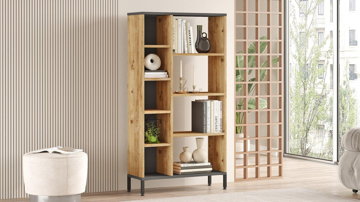 Biblioteca Silahtar cu 9 rafturi, 72 x 134 x 26 cm - Stejar, SKU 956LCS1405