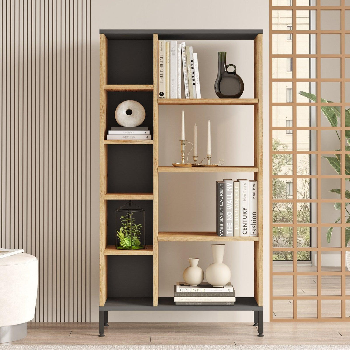 Biblioteca Silahtar cu 9 rafturi, 72 x 134 x 26 cm - Stejar, SKU 956LCS1405