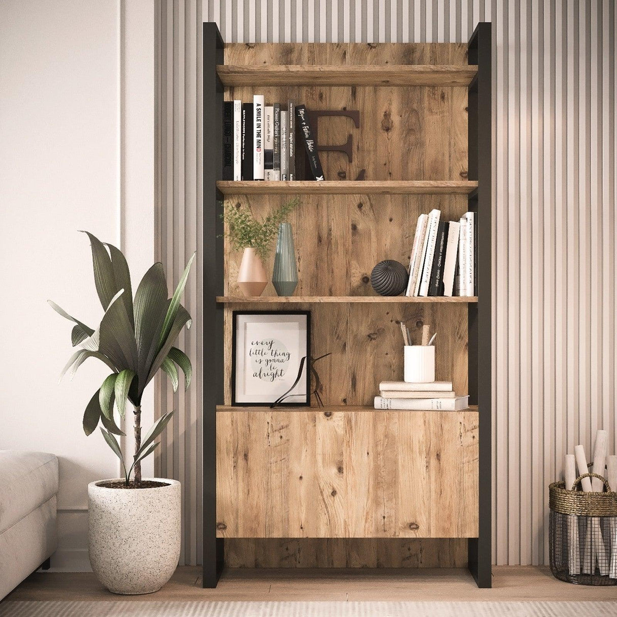 Biblioteca Kosem Sultan cadru metal, Stejar, 90 x 180 x 34 cm