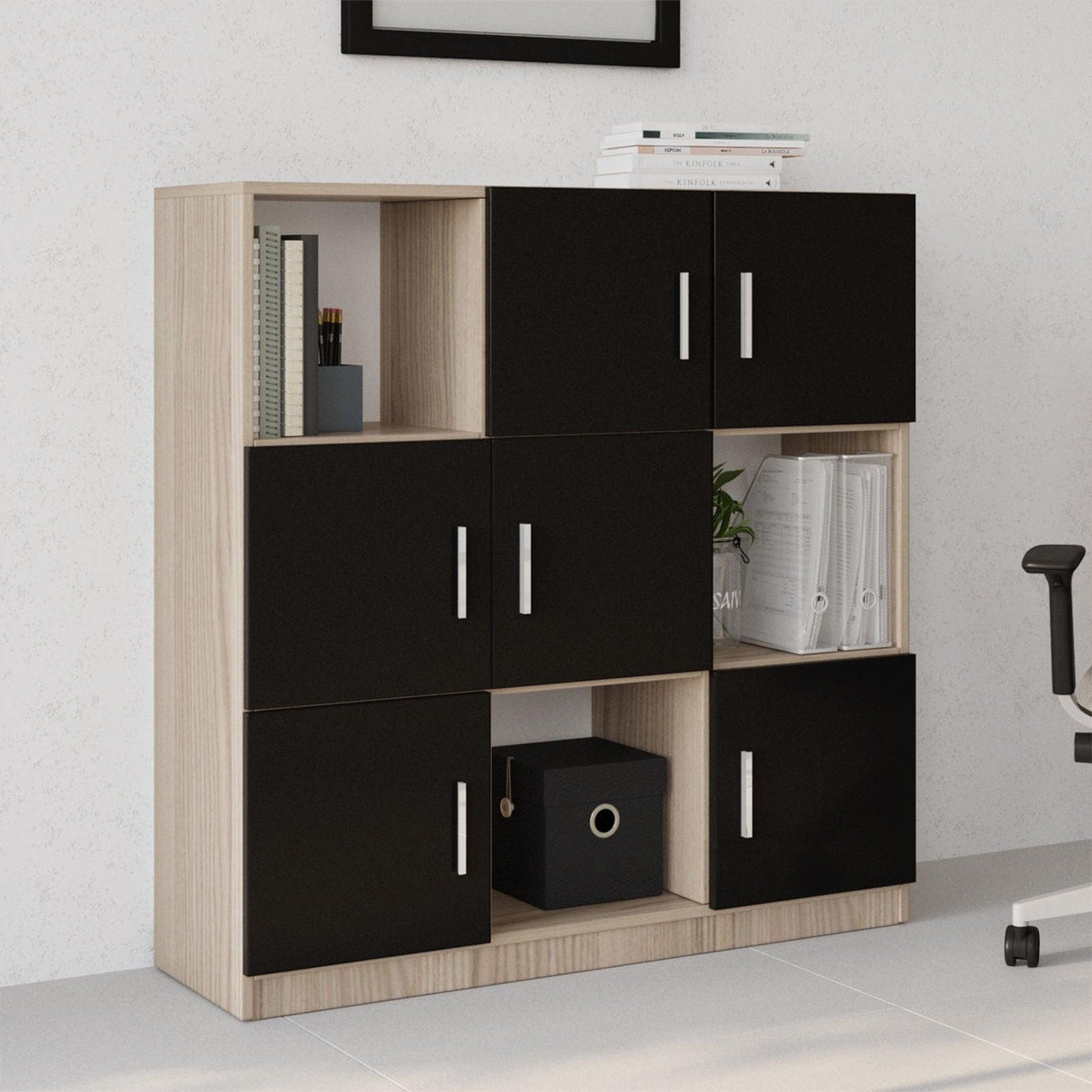 Dulap Multifunctional Birou Dormitor Zappu cu 6 Usi, Alb - Negru - Gri, 120 x 122 x 38 cm - Negru, SKU 956LCS1517