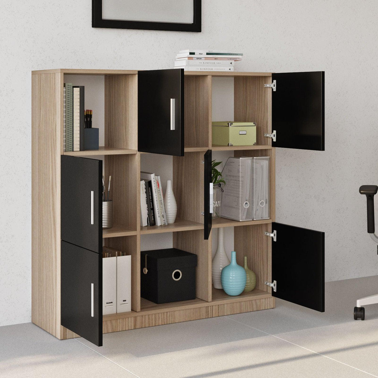 Dulap Multifunctional Birou Dormitor Zappu cu 6 Usi, Alb - Negru - Gri, 120 x 122 x 38 cm - Negru, SKU 956LCS1517