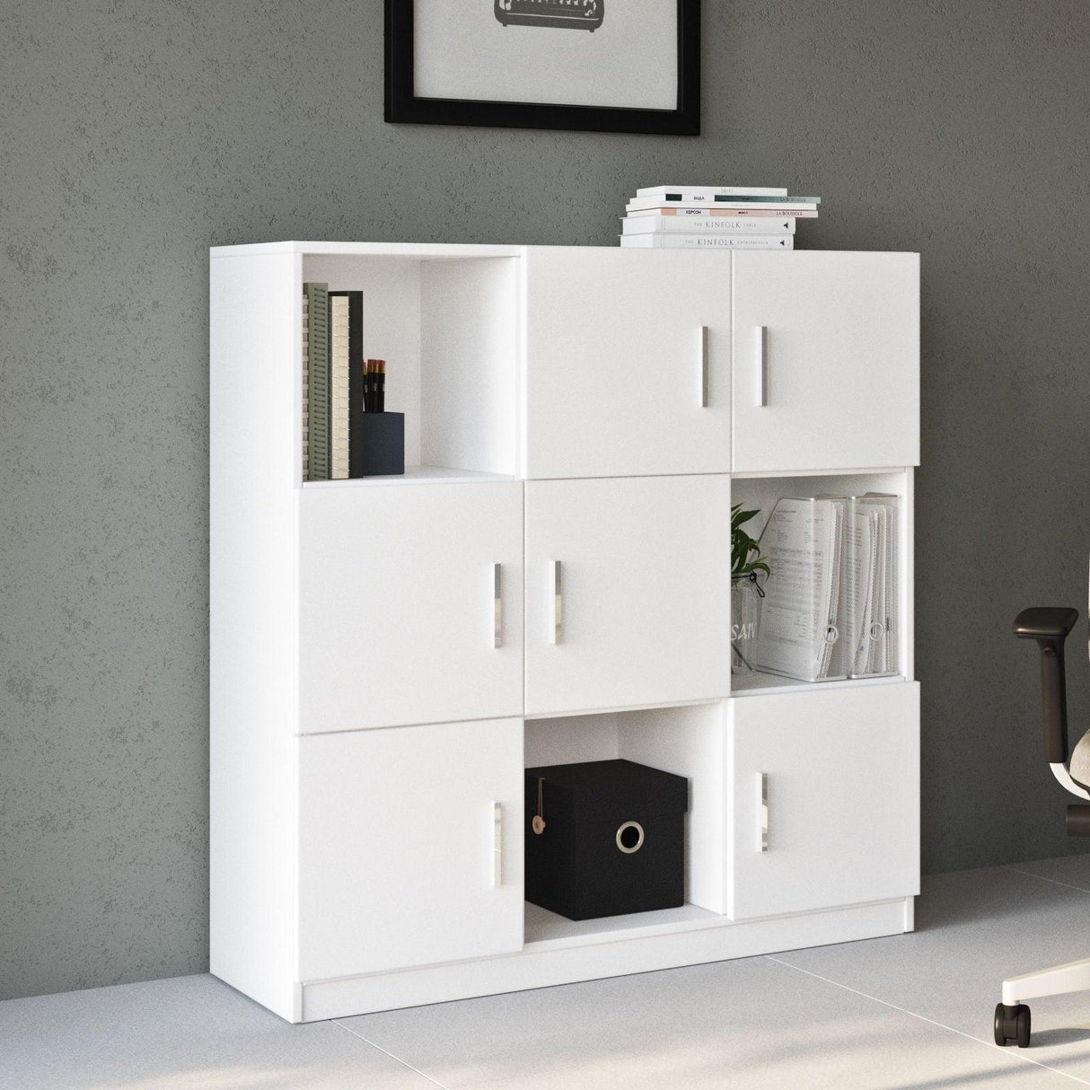 Dulap Multifunctional Birou Dormitor Zappu cu 6 Usi, Alb - Negru - Gri, 120 x 122 x 38 cm - Alb, SKU 956LCS1517