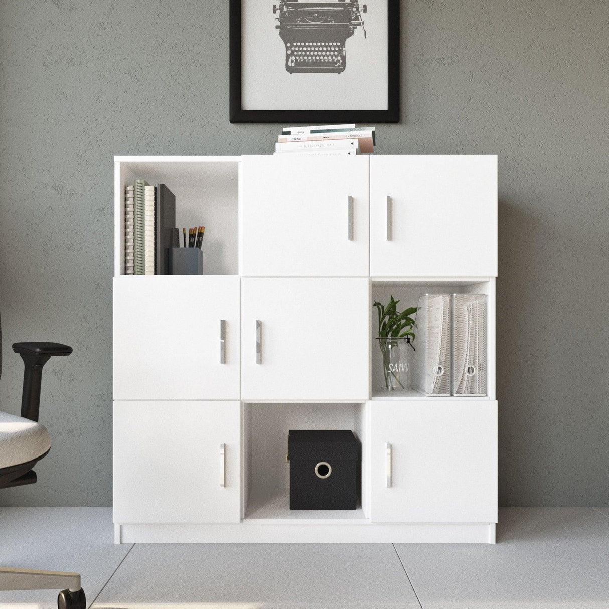Dulap Multifunctional Birou Dormitor Zappu cu 6 Usi, Alb - Negru - Gri, 120 x 122 x 38 cm - Alb, SKU 956LCS1517