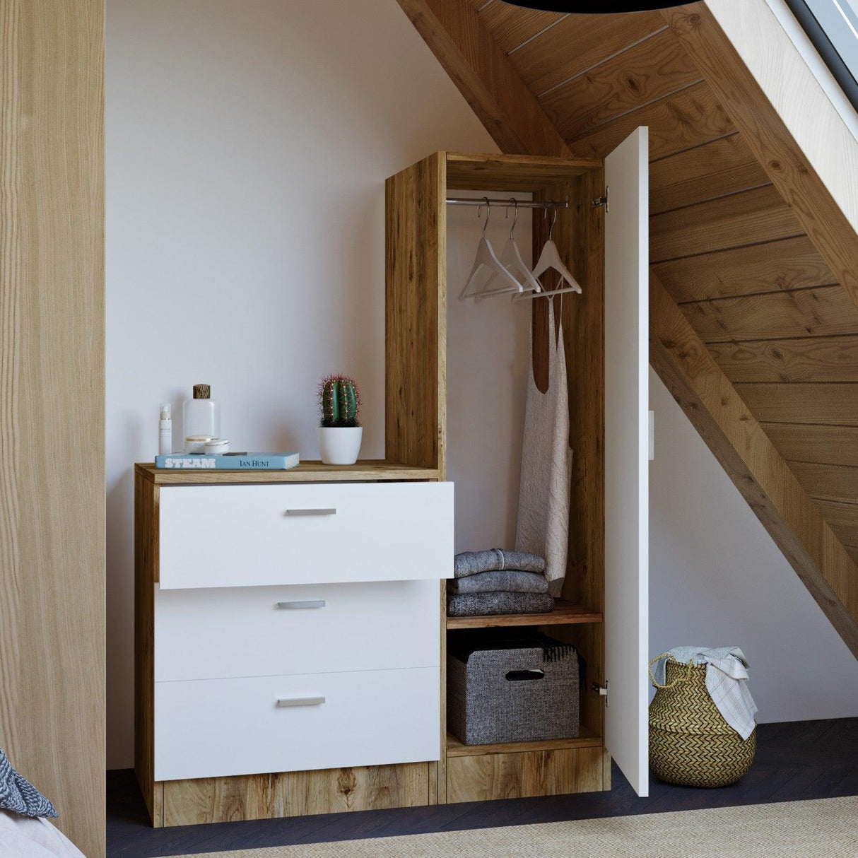 Dulap Haine pentru Casa Frame A Oligo cu Oglinda si 3 sertare, Alb - Gri - Nuc (diverse dimensiuni) - Lemn Natural, SKU 956LCS1521