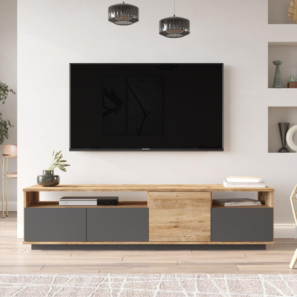 Comoda TV Zirvana 4 Compartimente si Rafturi, 180 x 45 x 45 cm - Gri, SKU 956LCS1605