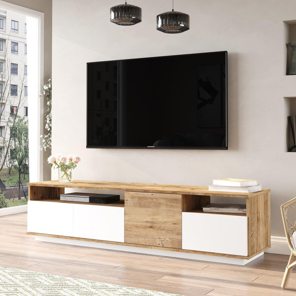 Comoda TV Zirvana 4 Compartimente si Rafturi, 180 x 45 x 45 cm - Alb, SKU 956LCS1605