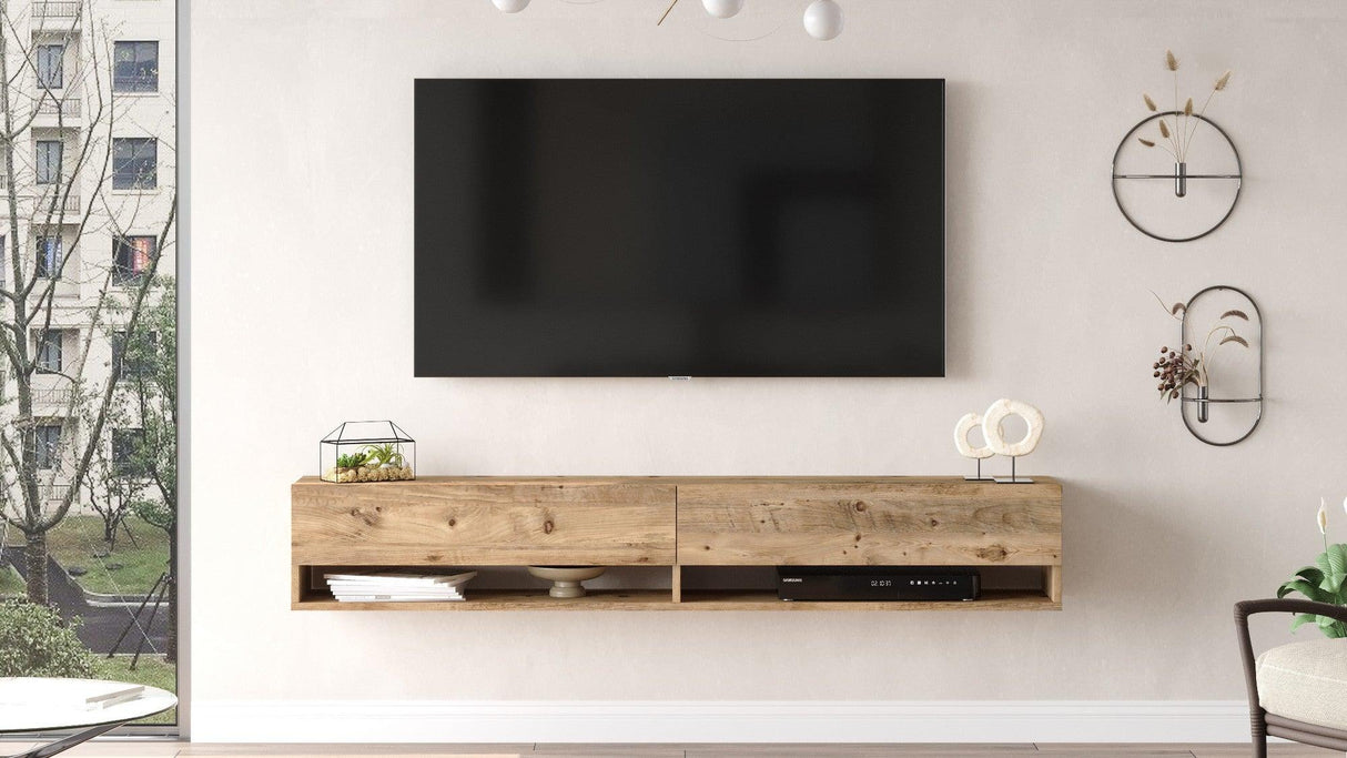 Comoda TV Tivo cu 2 Compartimente si 2 Rafturi, Stejar, 180 x 30 x 32 cm