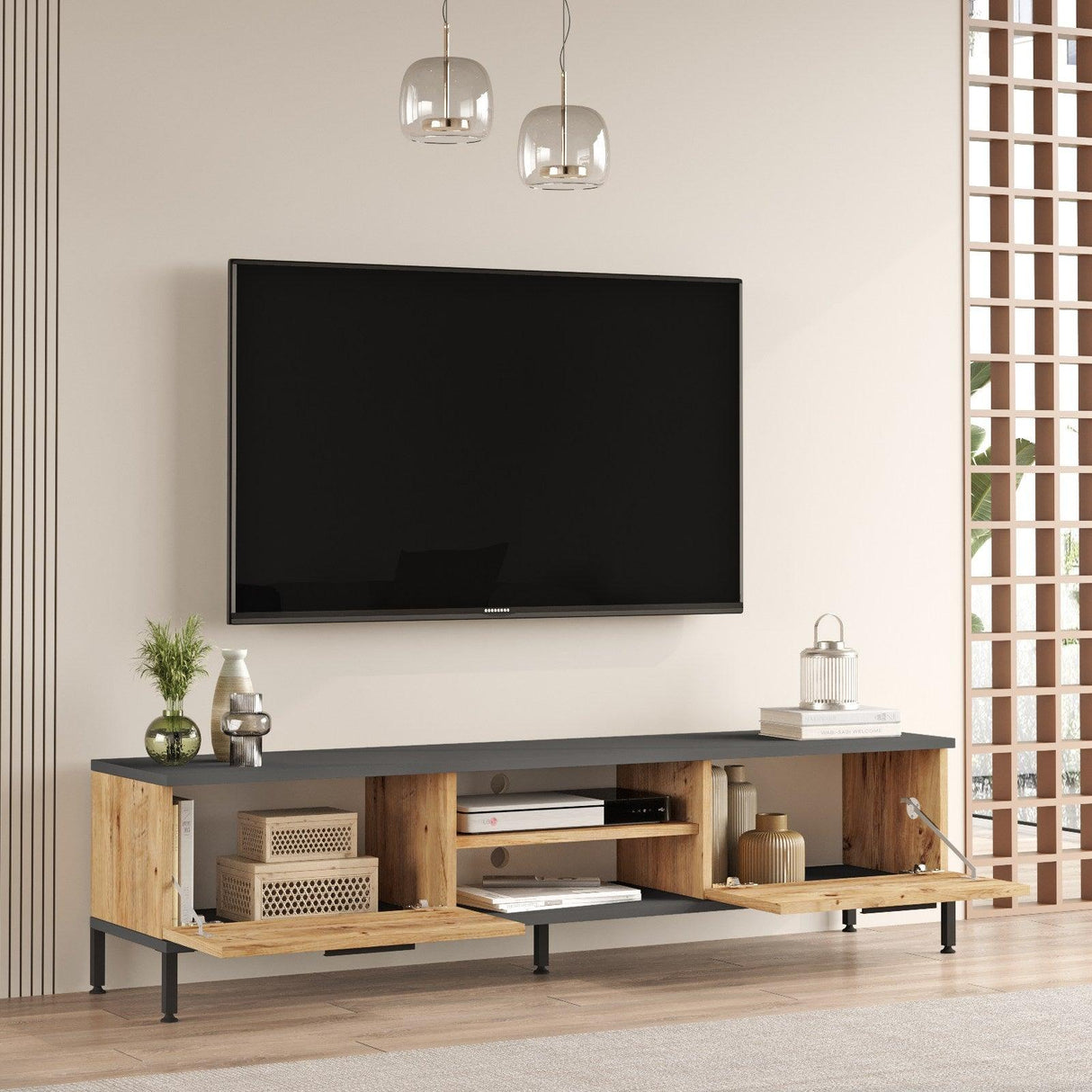 Set Mobila Sufragerie New York, Gri - Stejar, Comoda Tv si Masuta Sufragerie