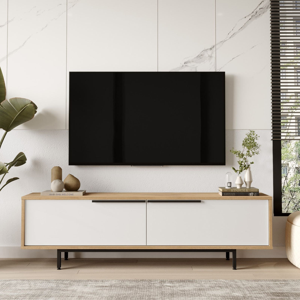 Comodă TV ON1-SW, Stejar - Alb, 160x36x45 cm