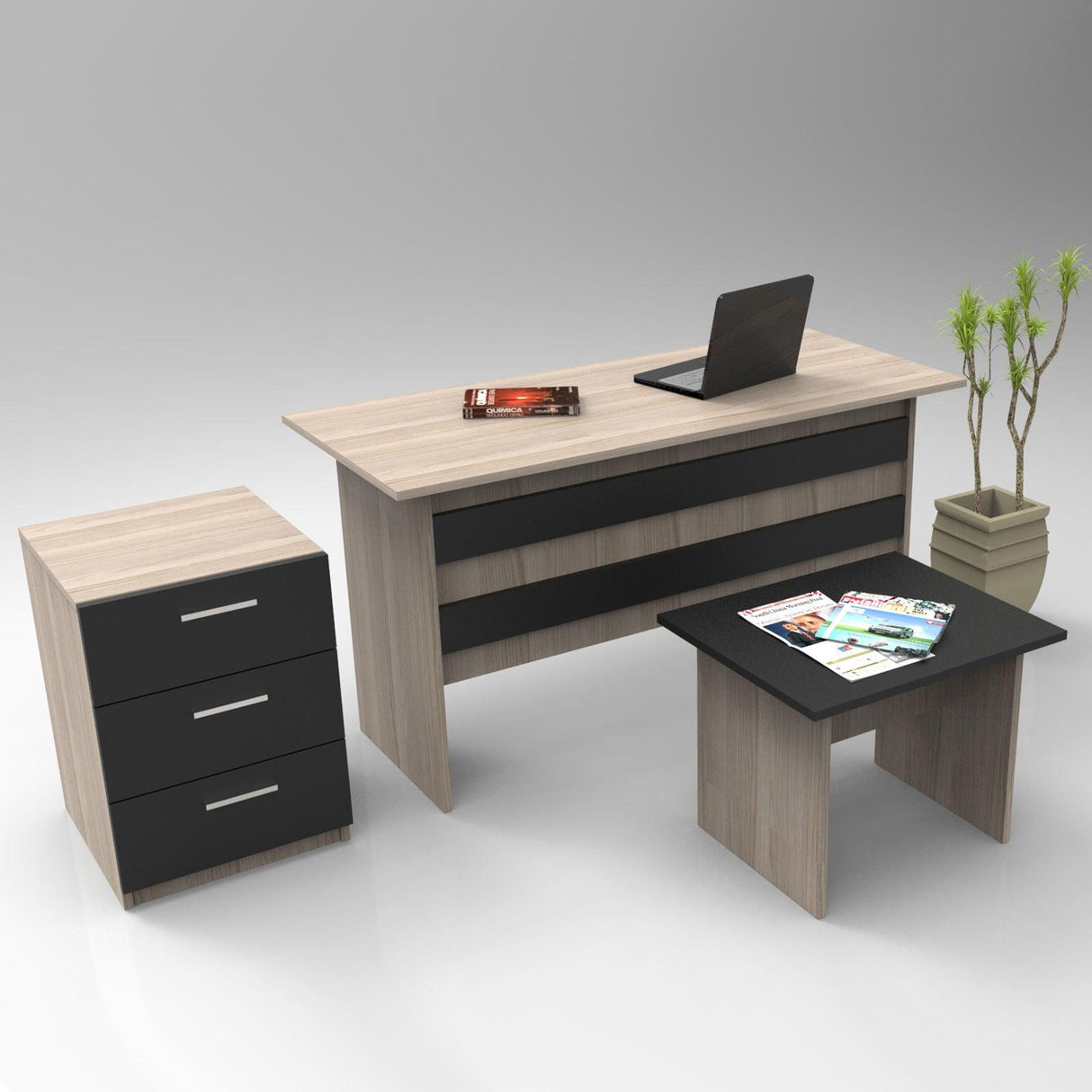 Set de mobilier de birou Hurchis, Alb - Nuc - Stejar, 3 Piese, Birou - Rollbox - Masuta - Stejar, SKU 956LCS2104