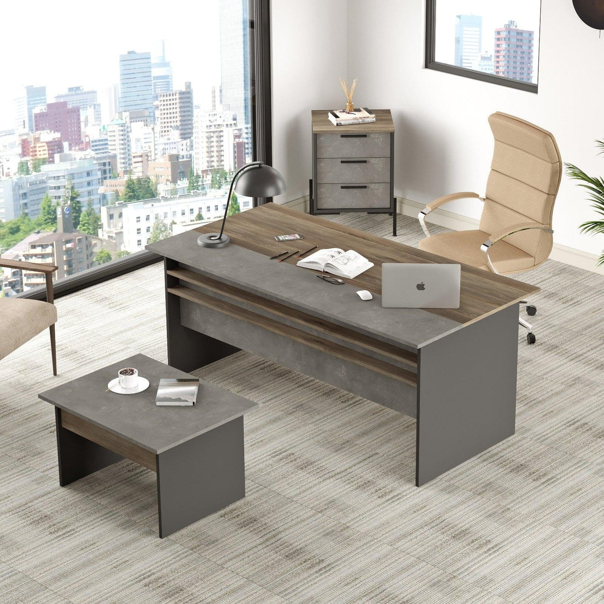 Set de mobilier de birou Sartoria, Maro, 3 Piese, Birou - Masa - Rollbox