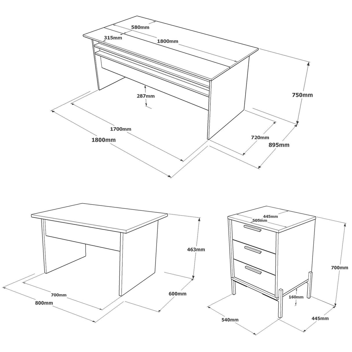 Set de mobilier de birou Sartoria, Maro, 3 Piese, Birou - Masa - Rollbox