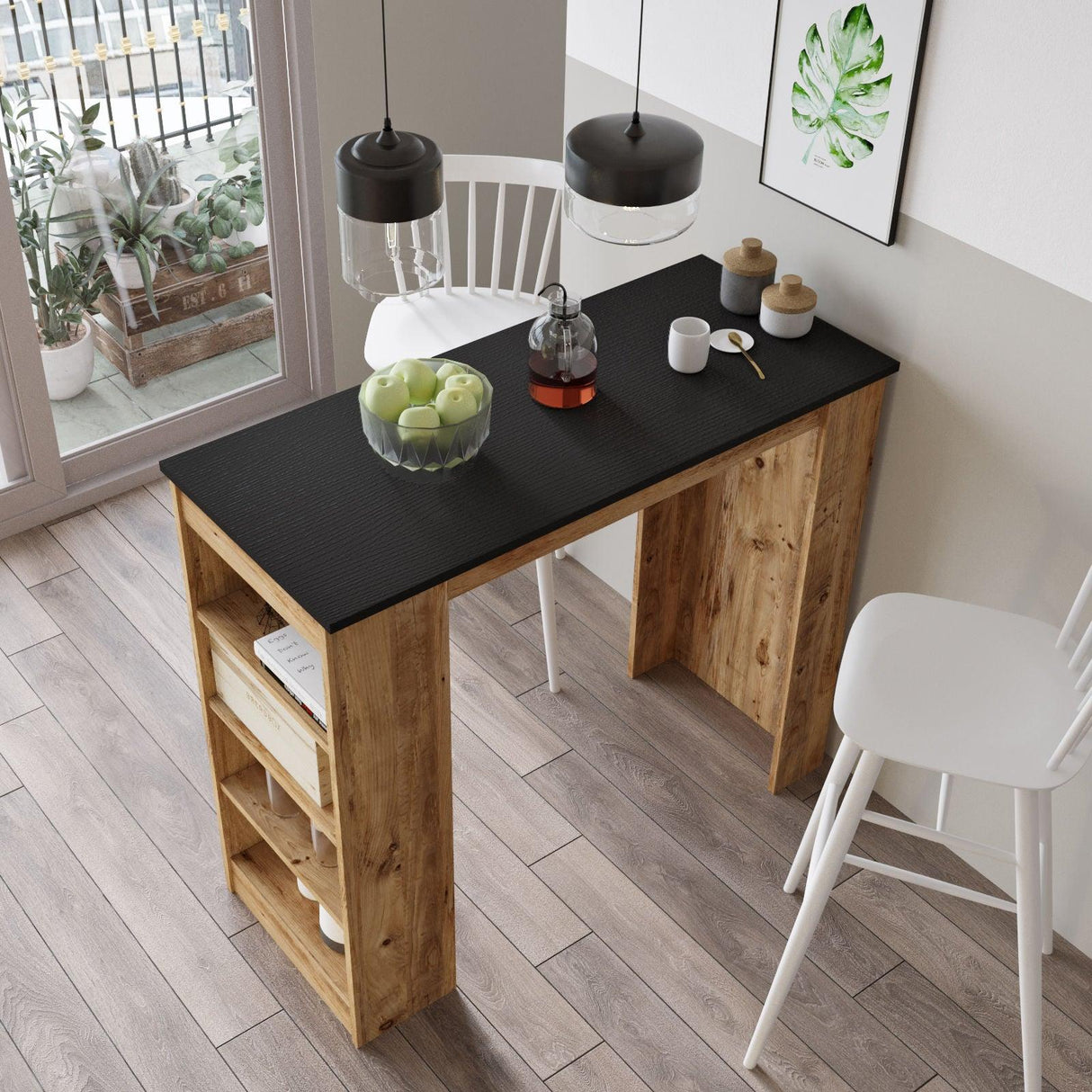 Masa Bucatarie Bar multifunctionala Wallo, Gri - Stejar - Alb - Negru, 120 x 102 x 52 cm - Negru, SKU 956LCS2201