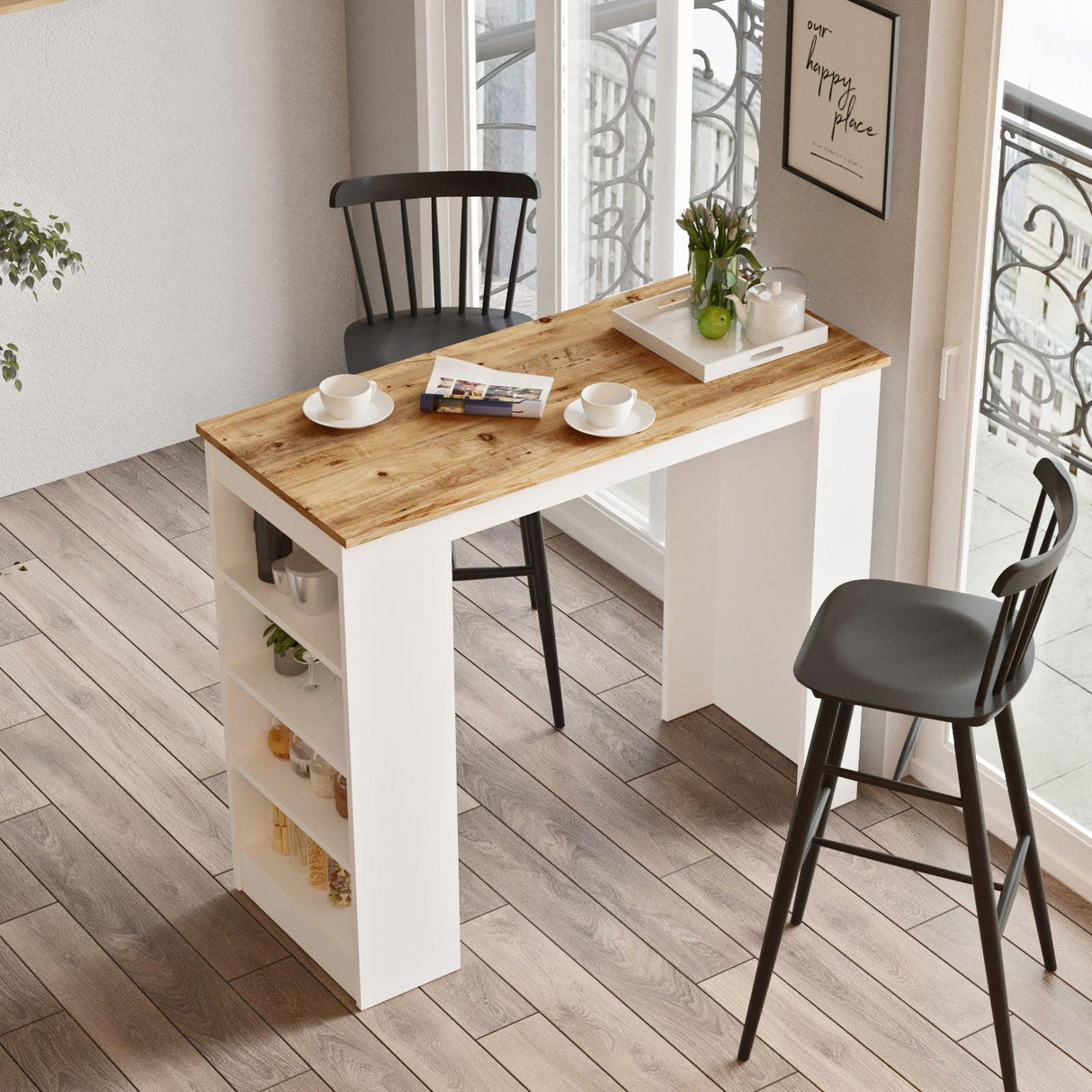 Masa Bucatarie Bar multifunctionala Wallo, Gri - Stejar - Alb - Negru, 120 x 102 x 52 cm - Lemn Natural, SKU 956LCS2201