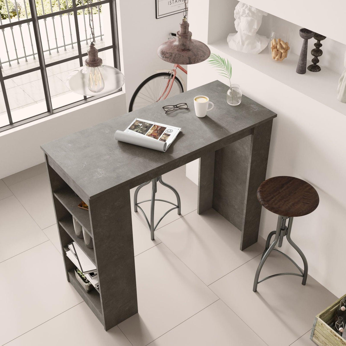 Masa Bucatarie Bar multifunctionala Wallo, Gri - Stejar - Alb - Negru, 120 x 102 x 52 cm - Gri, SKU 956LCS2201