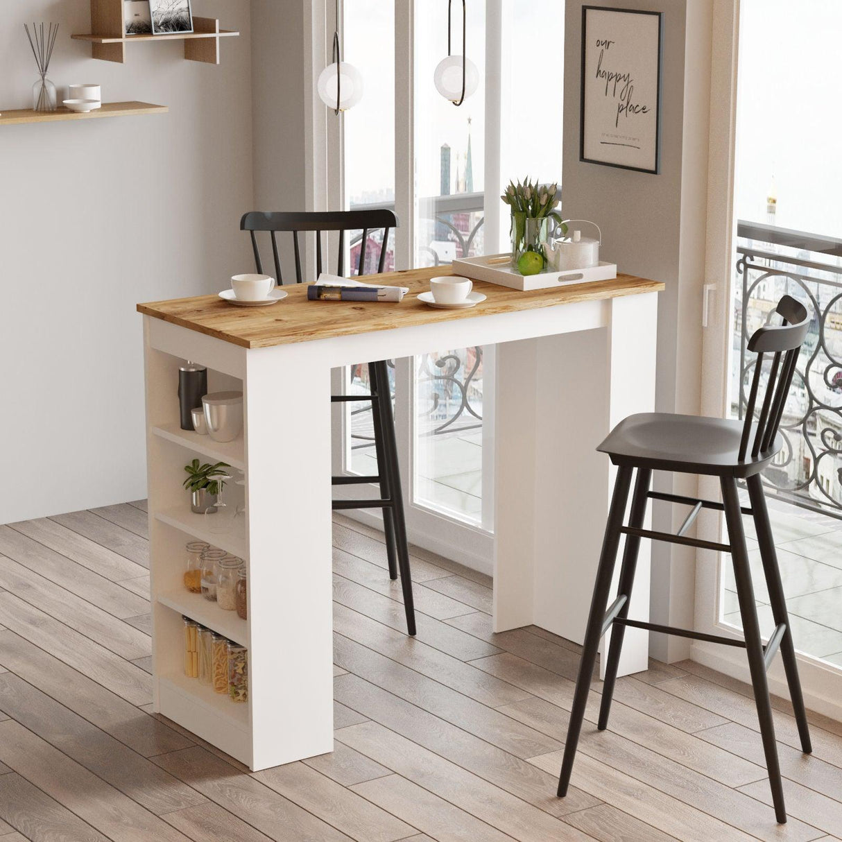 Masa Bucatarie Bar multifunctionala Wallo, Gri - Stejar - Alb - Negru, 120 x 102 x 52 cm - Lemn Natural, SKU 956LCS2201
