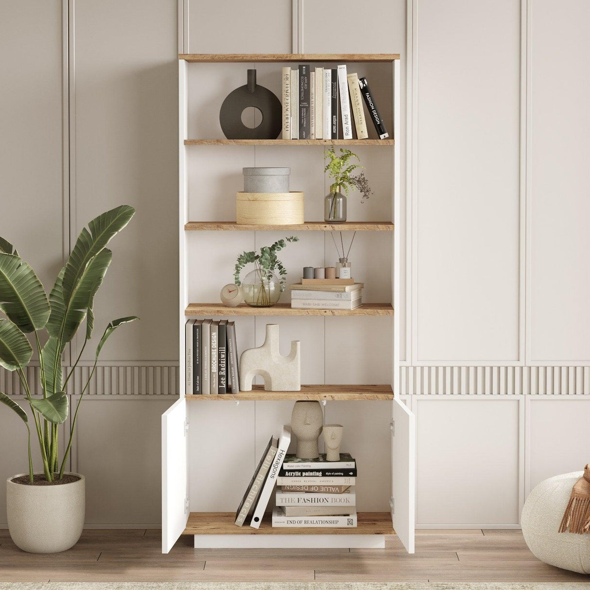 Set Mobila Sufragerie Songul, Stejar, 4 Piese, Comoda - Biblioteca - Comoda Tv - Masuta de cafea