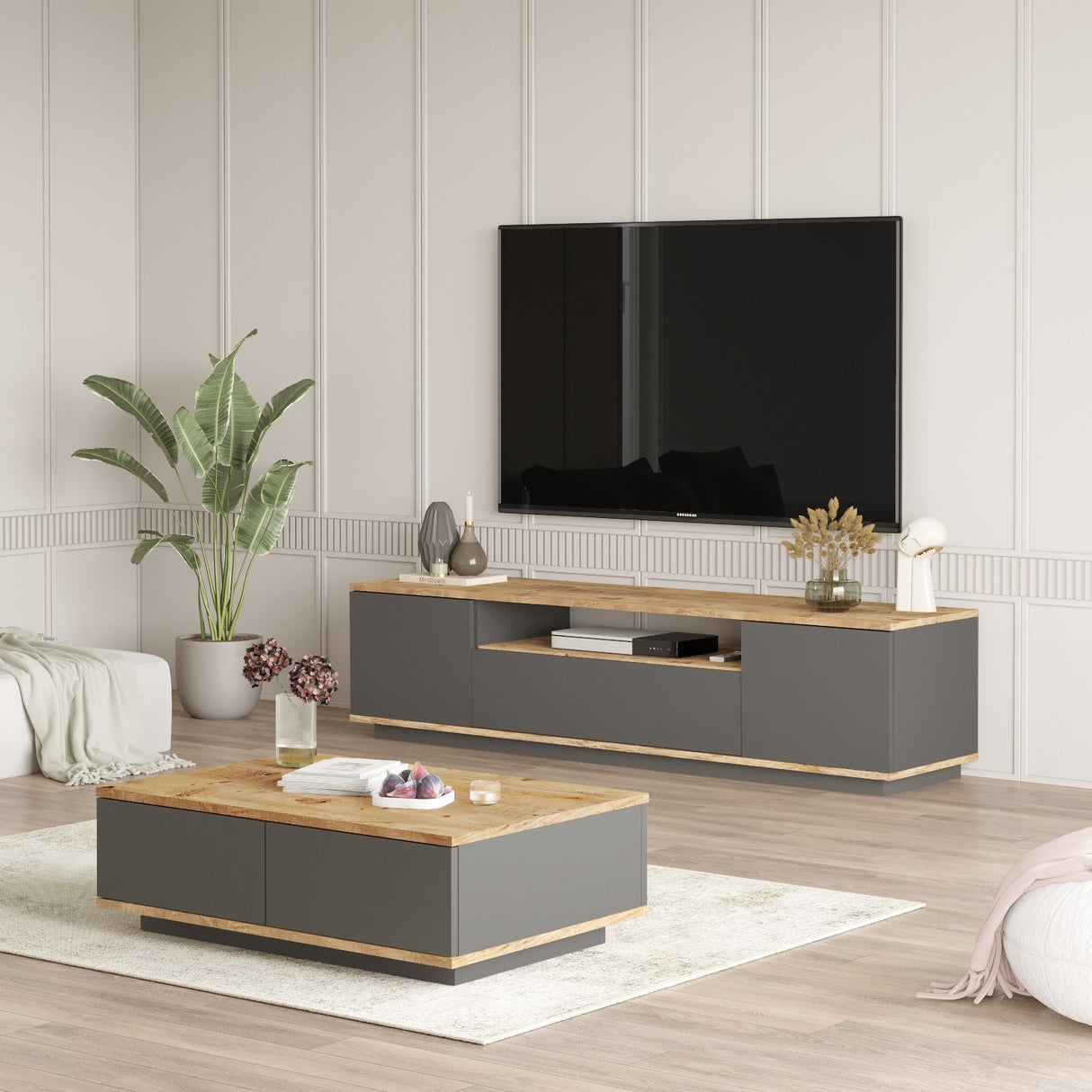 Set mobilă pentru sufragerie FR17-AA, Pin atlantic - Antracit, 180x45x45 cm
