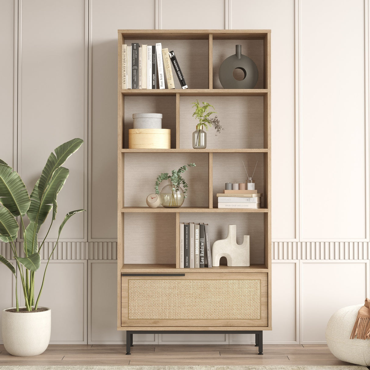 Bibliotecă On4-Su, Nuc - Stejar, 84x30x176 cm