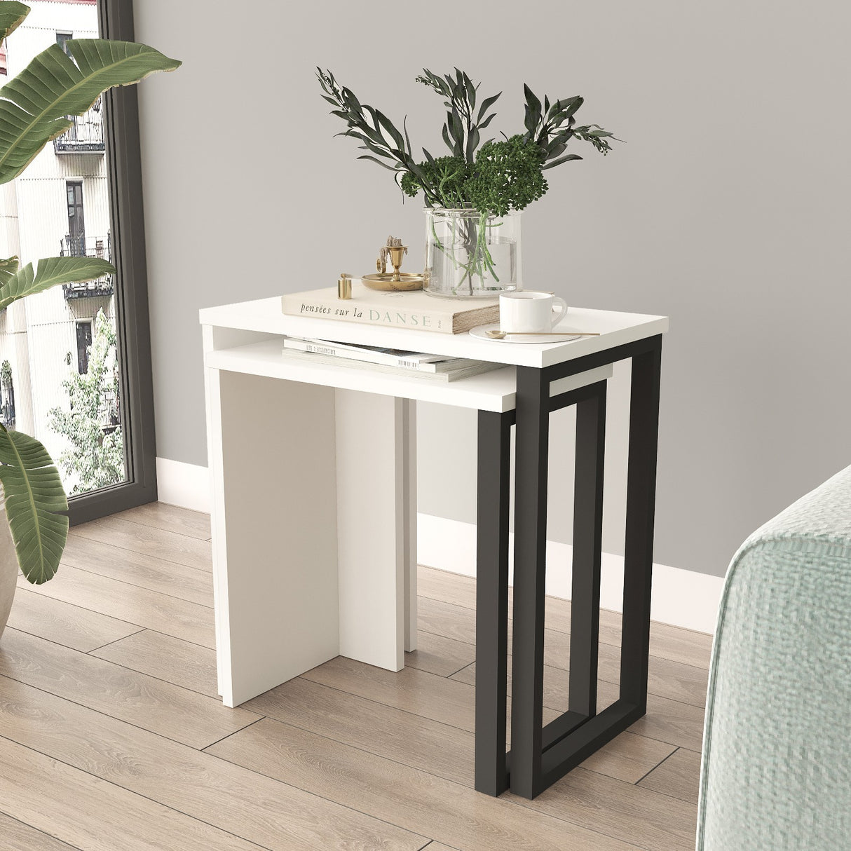 Set 2 măsuțe de cafea On7-W, Alb, 51x30x53 cm