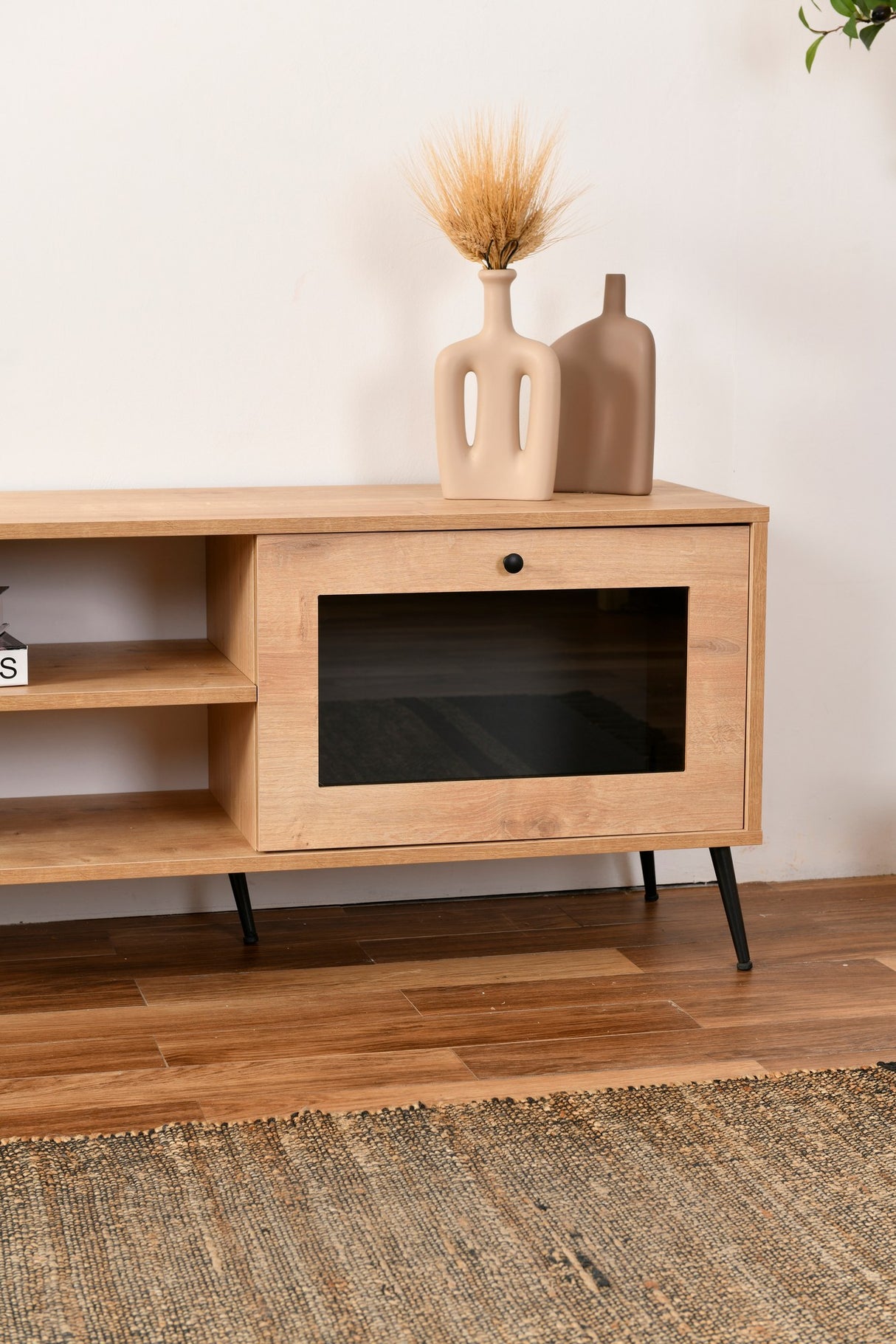 Comodă TV Calvin 180 Glass, Stejar - Negru, 180x40x15 cm