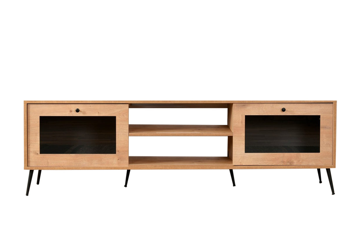 Comodă TV Calvin 180 Glass, Stejar - Negru, 180x40x15 cm