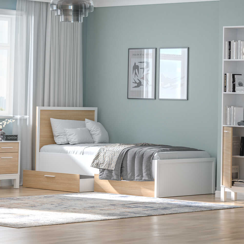 Pat de o persoana KRC-1402-MB-2 Home Collection® London cu sertare, Alb, 113x103x204 cm