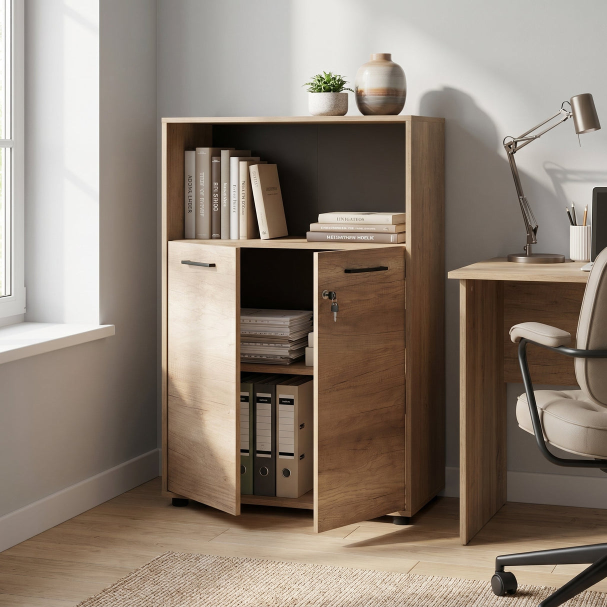 Biblioteca NKT-532-TT-1 Home Collection® New York, 2 usi cu cheie, 3 rafturi, Natur - Sonoma, 72x110x34 cm - Natur | SKU: NKT-532-TT-1