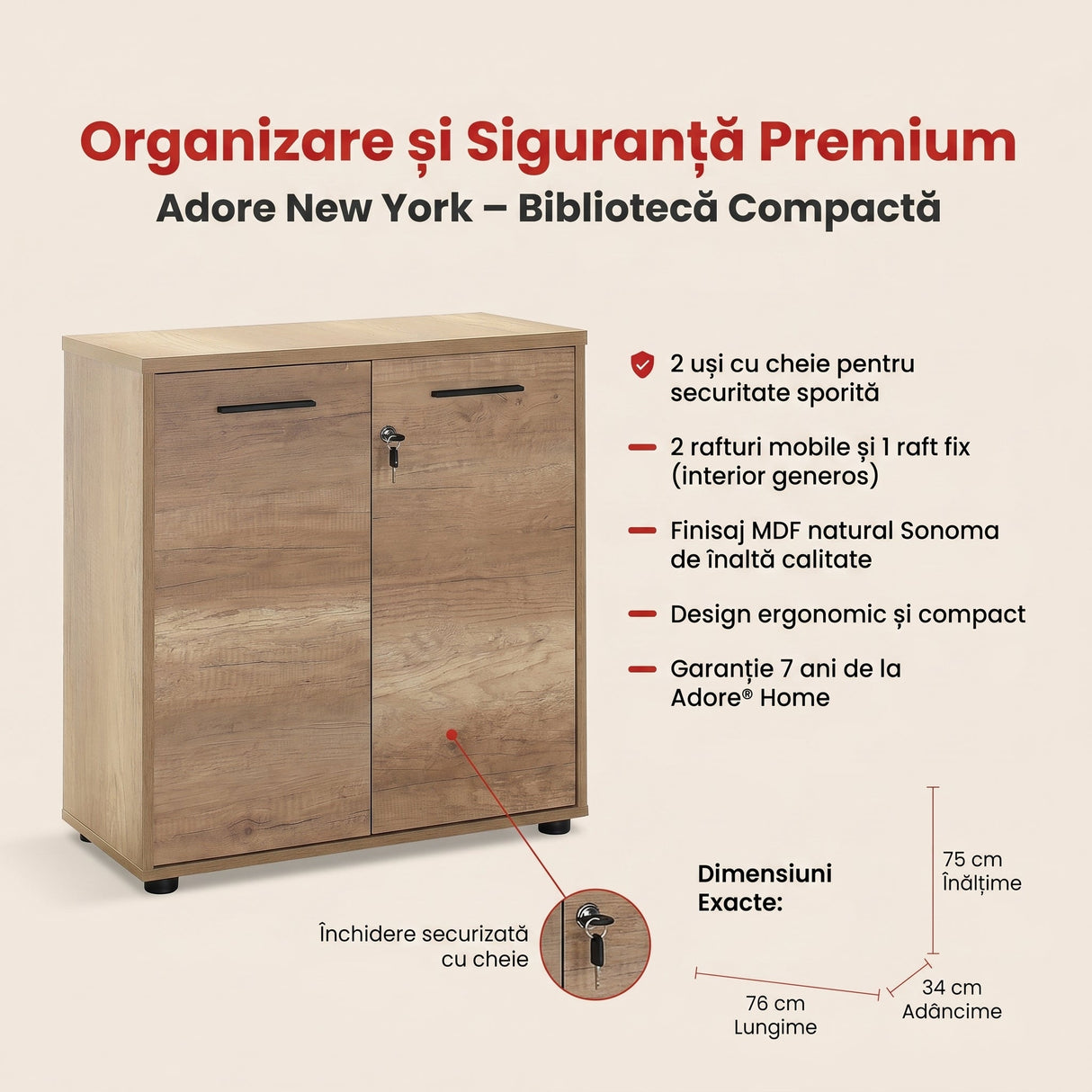 Biblioteca NKT-522-TT-1 Home Collection® New York, 2 usi cu cheie, 3 rafturi, Natur - Sonoma, 76x75x34 cm - Natur | SKU: NKT-522-TT-1