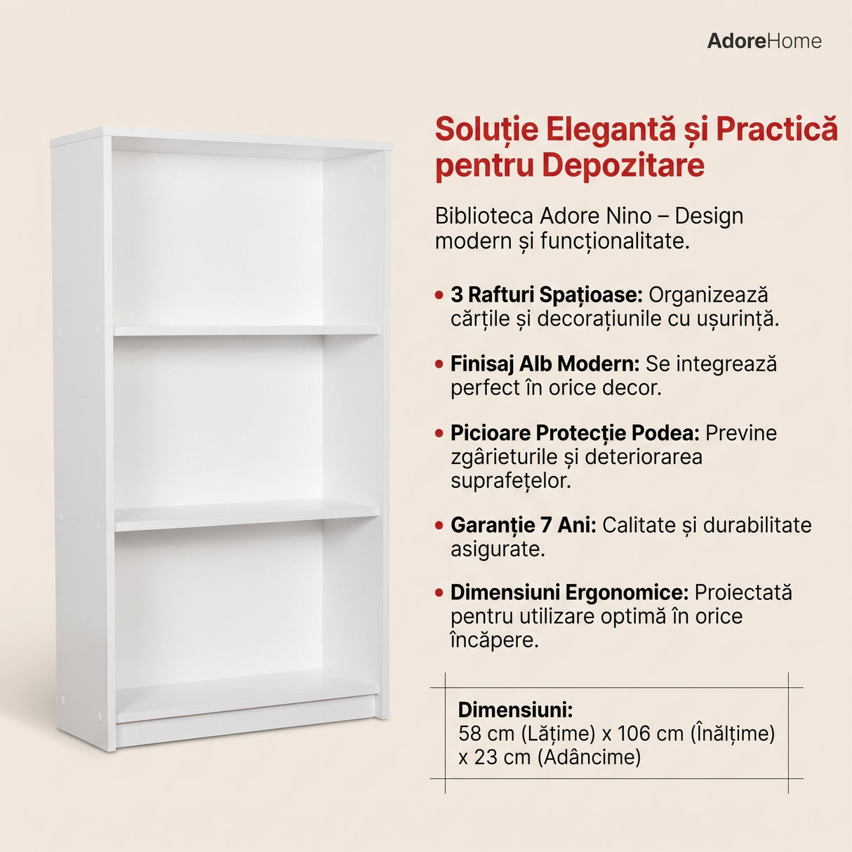 Biblioteca KTP-130-BB-1 Home Collection® Nino, 3 rafturi, Alb - Stejar, 58x106x23 cm - Alb | SKU: KTP-130-BB-1, KTP-130-FF-1