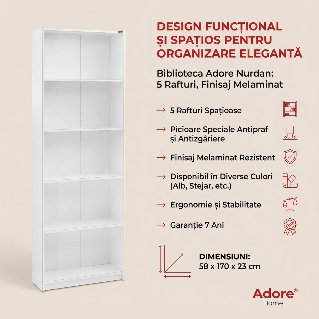 Biblioteca KTP-150-BB-1 Home Collection® Nurdan, 5 rafturi, 58x170x23 cm - Alb | SKU: KTP-150-BB-1, KTP-150-FF-1, KTP-150-AA-1