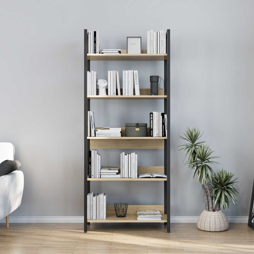 Biblioteca KTP-850-FF-1 Home Collection® Profile cu 5 rafturi, Alb - Maro - Stejar, 73x172x35 cm - Stejar | SKU: KTP-850-FF-1