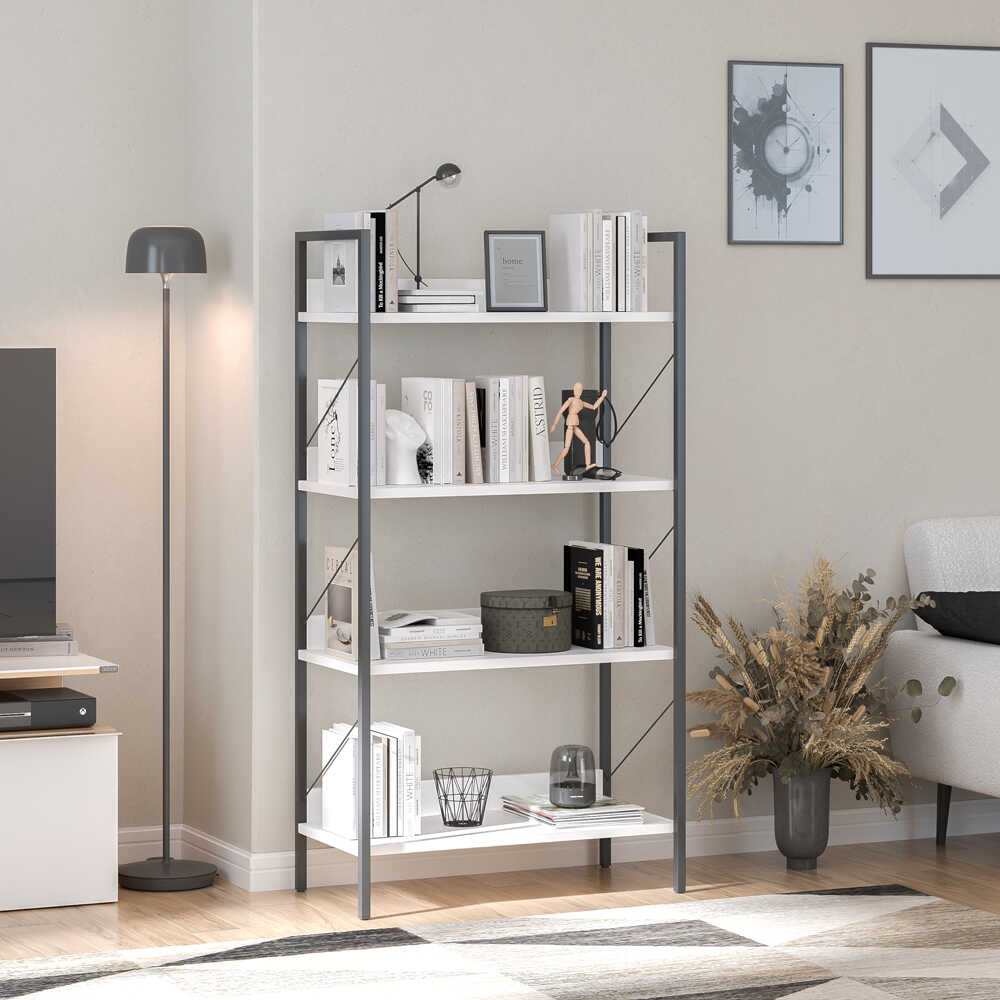 Biblioteca KTP-840-FF-1 Home Collection® Profile cu 4 rafturi, Alb - Maro - Stejar, 73x136x35 cm - Alb | SKU: KTP-840-FF-1, KTP-840-OO-1, KTP-840-DE-1
