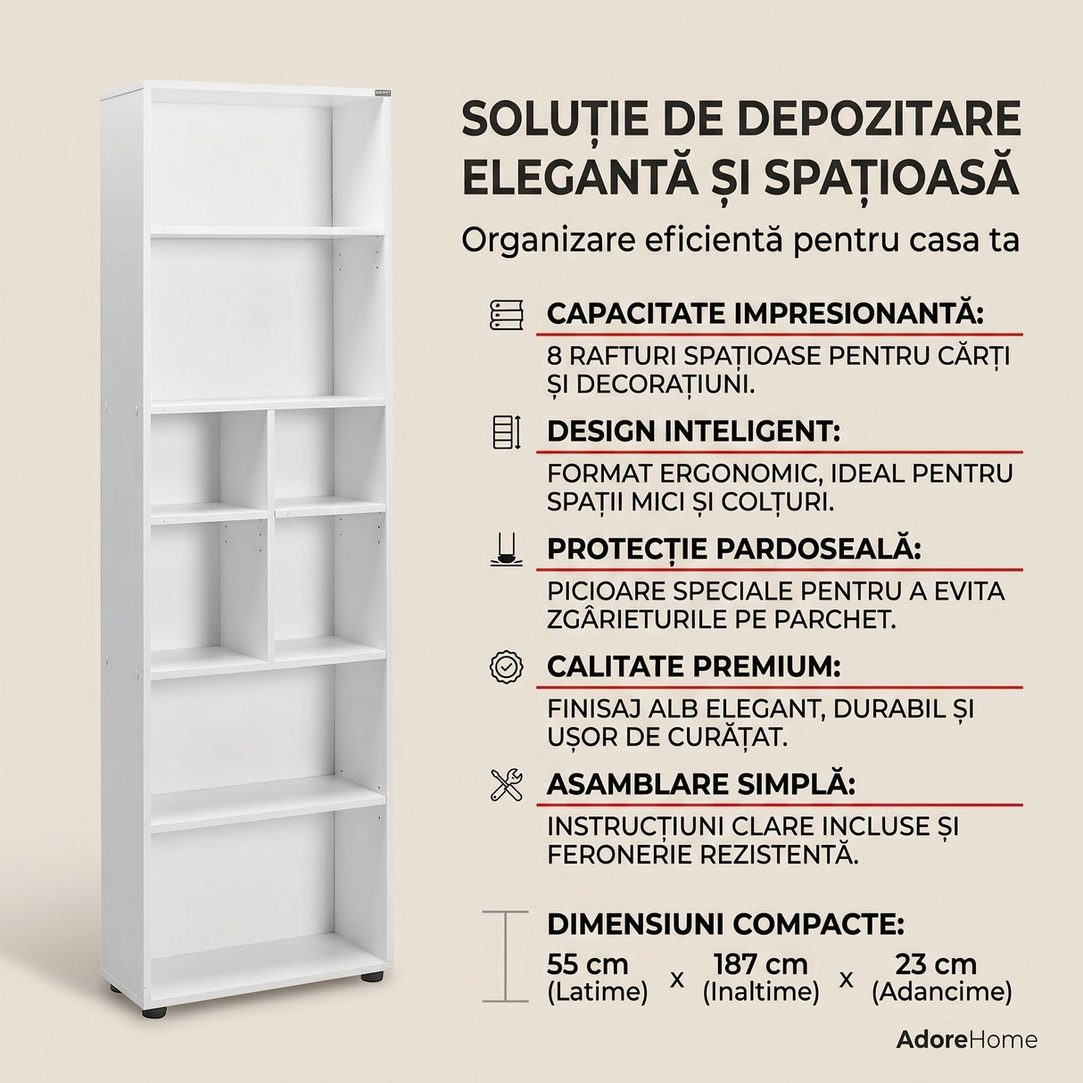 Biblioteca KTP-168-BB-1 Home Collection® White, 8 rafturi, Alb, 55x187x23 cm
