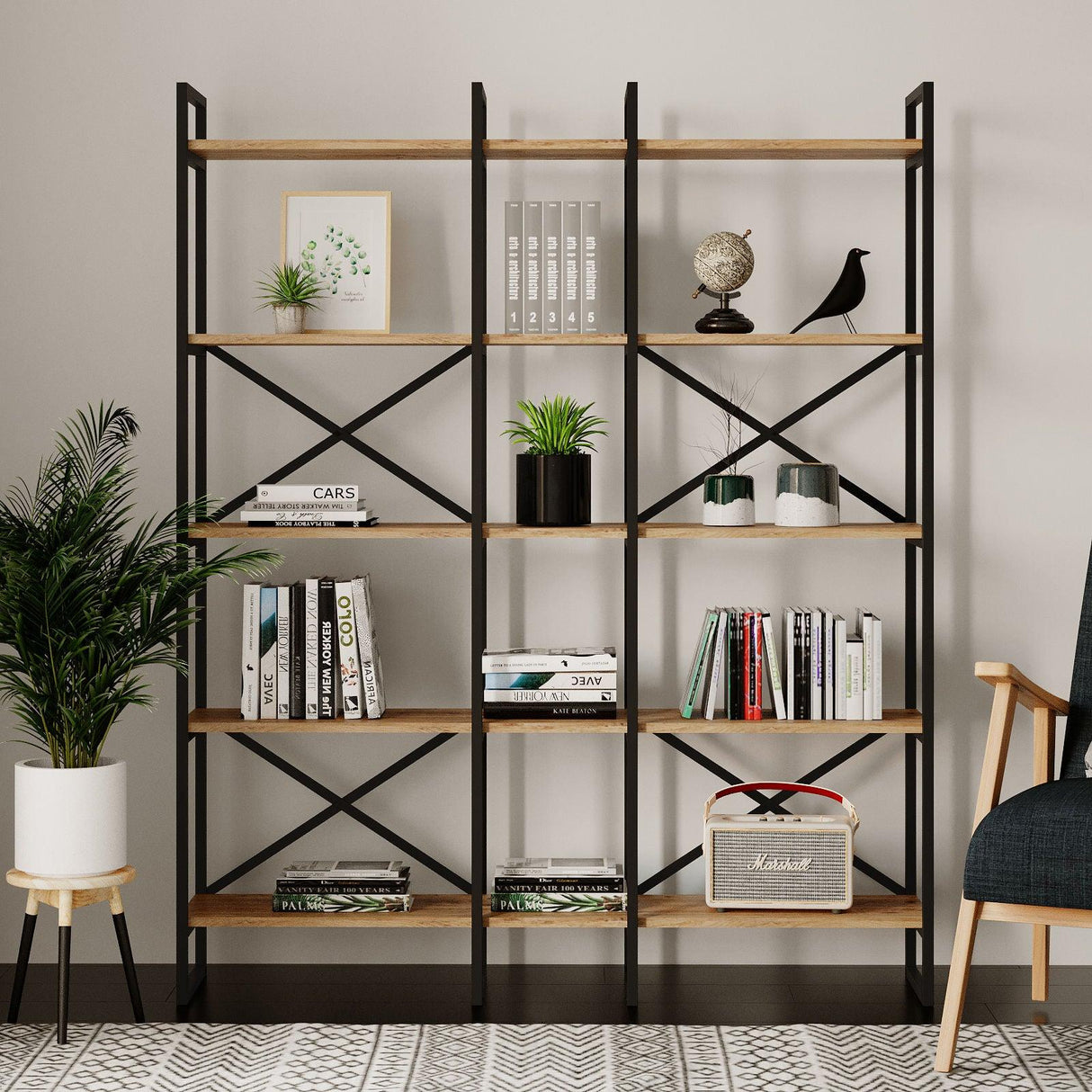 Biblioteca Advantex 5 rafturi Lung cadru metal, Stejar, 144x175x30 cm