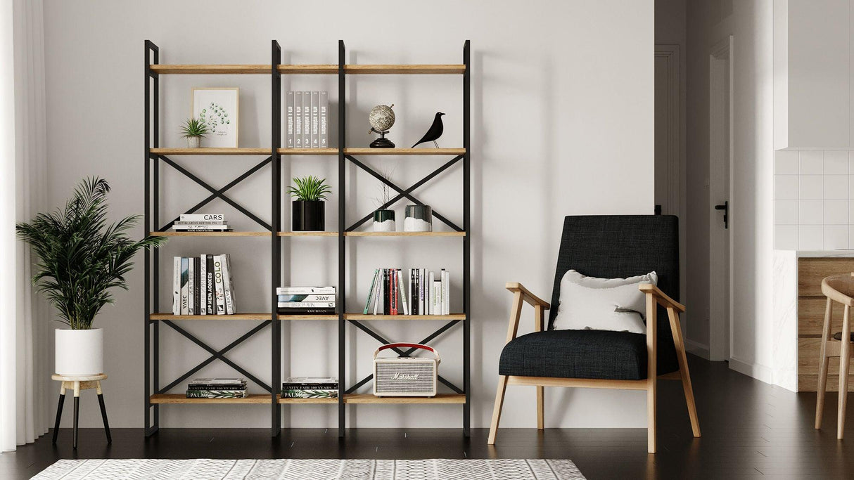 Biblioteca Advantex 5 rafturi Lung cadru metal, Stejar, 144x175x30 cm
