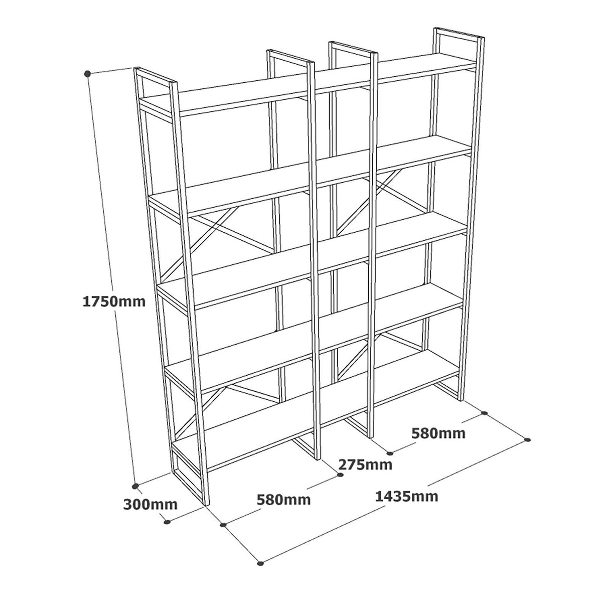 Biblioteca Advantex 5 rafturi Lung cadru metal, Stejar, 144x175x30 cm
