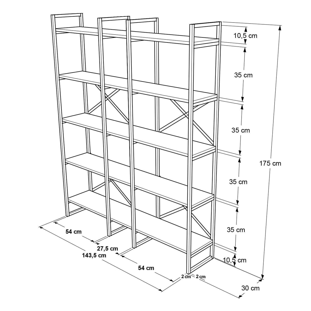 Biblioteca Advantex 5 rafturi Lung cadru metal, Stejar, 144x175x30 cm