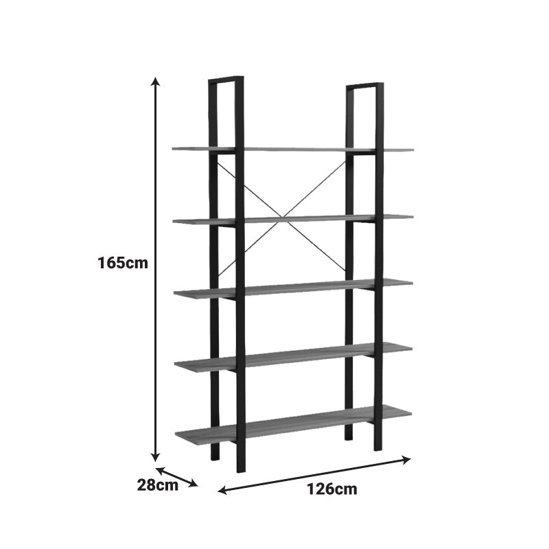 Bibliotecă cu rafturi Loftie, Stil Industrial, Metal Negru și Lemn, Sonoma, 126x28x165 cm