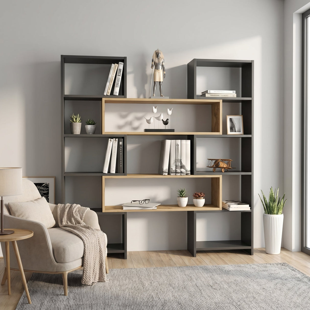 Bibliotecă de Colț Multifuncțională, 163x150x22 cm - Stejar negru