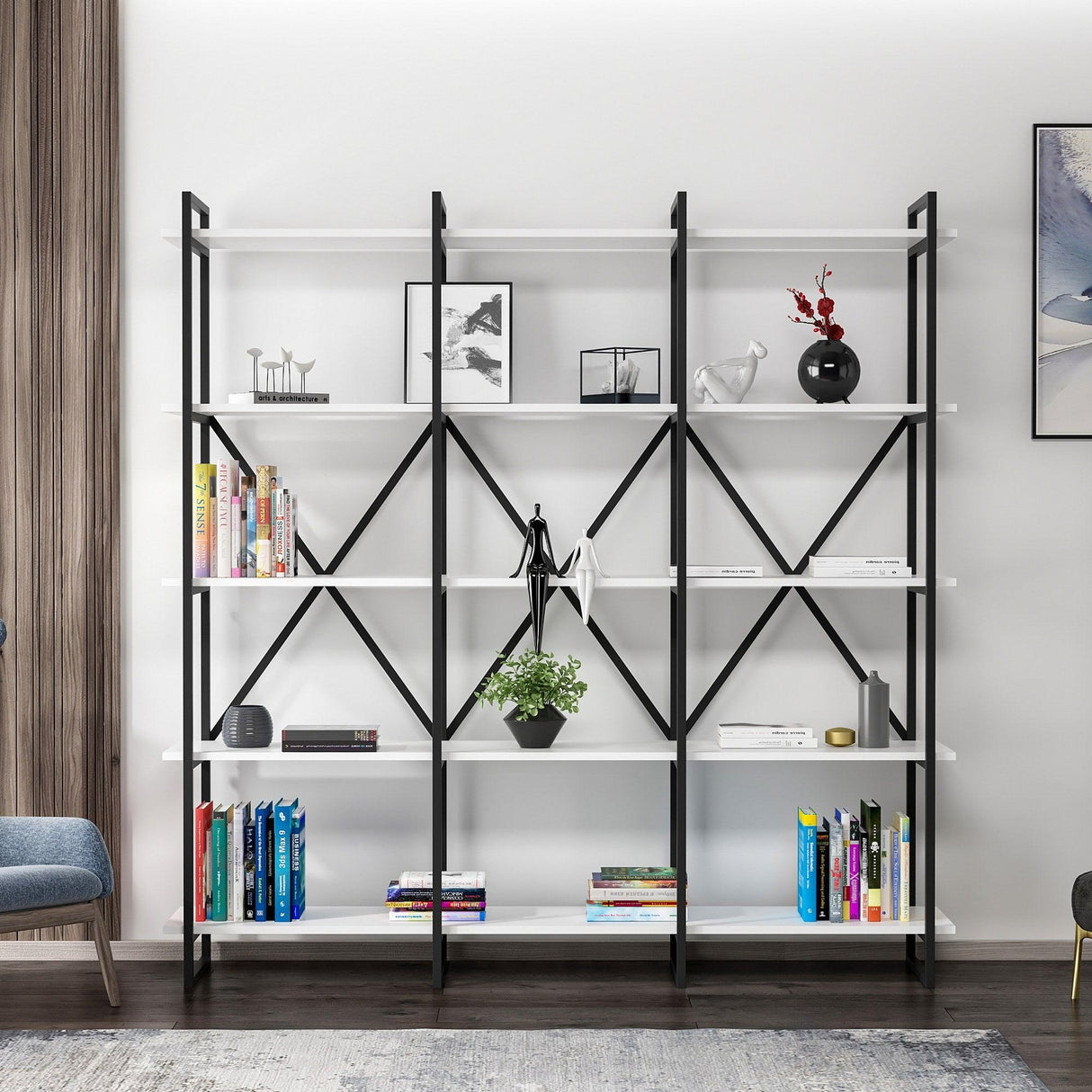 Biblioteca Dunston Lux cu 5 Rafturi, 180x34x180 cm - Alb negru