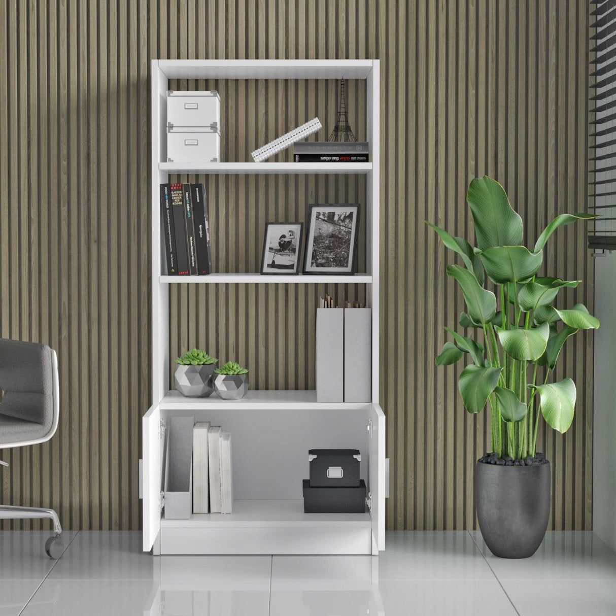 Biblioteca Farya cu 2 usi si 4 rafturi, Alb, 64x140x36 cm