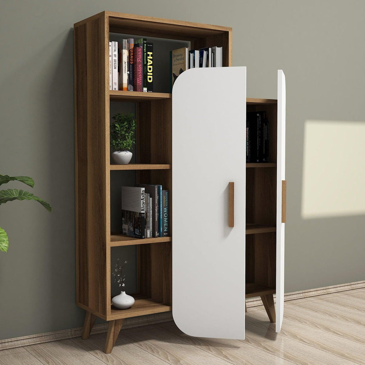 Biblioteca Form cu raft si Usa, Stil Scandinav, Maro - Alb, 90x132x32 cm - Maro