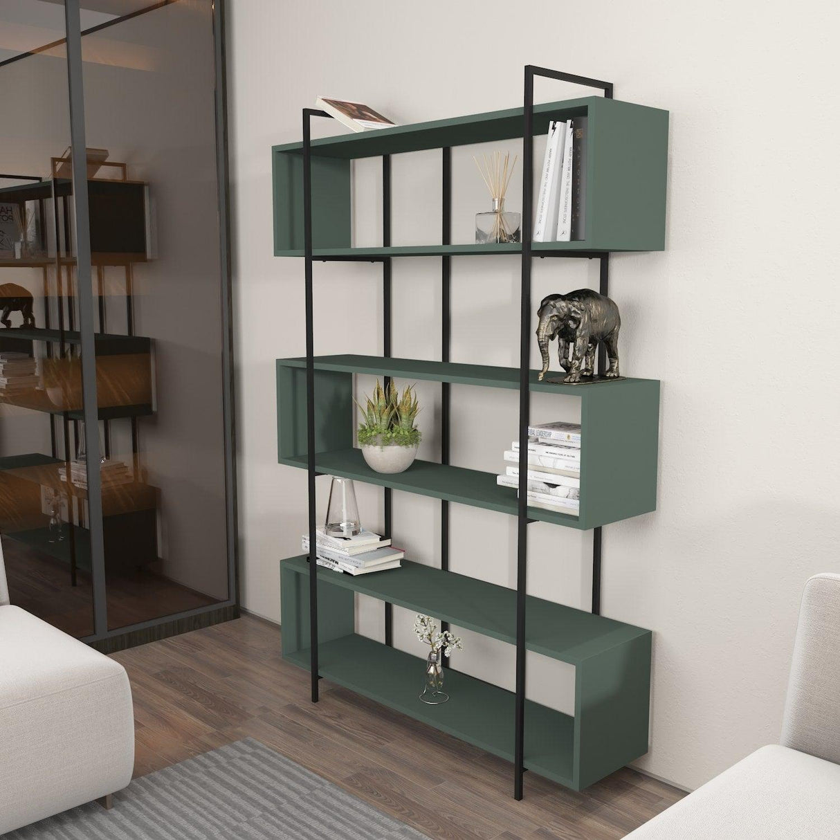 Biblioteca Hugi Lux cu 6 Rafturi, 120x180x30 cm - Verde inchis