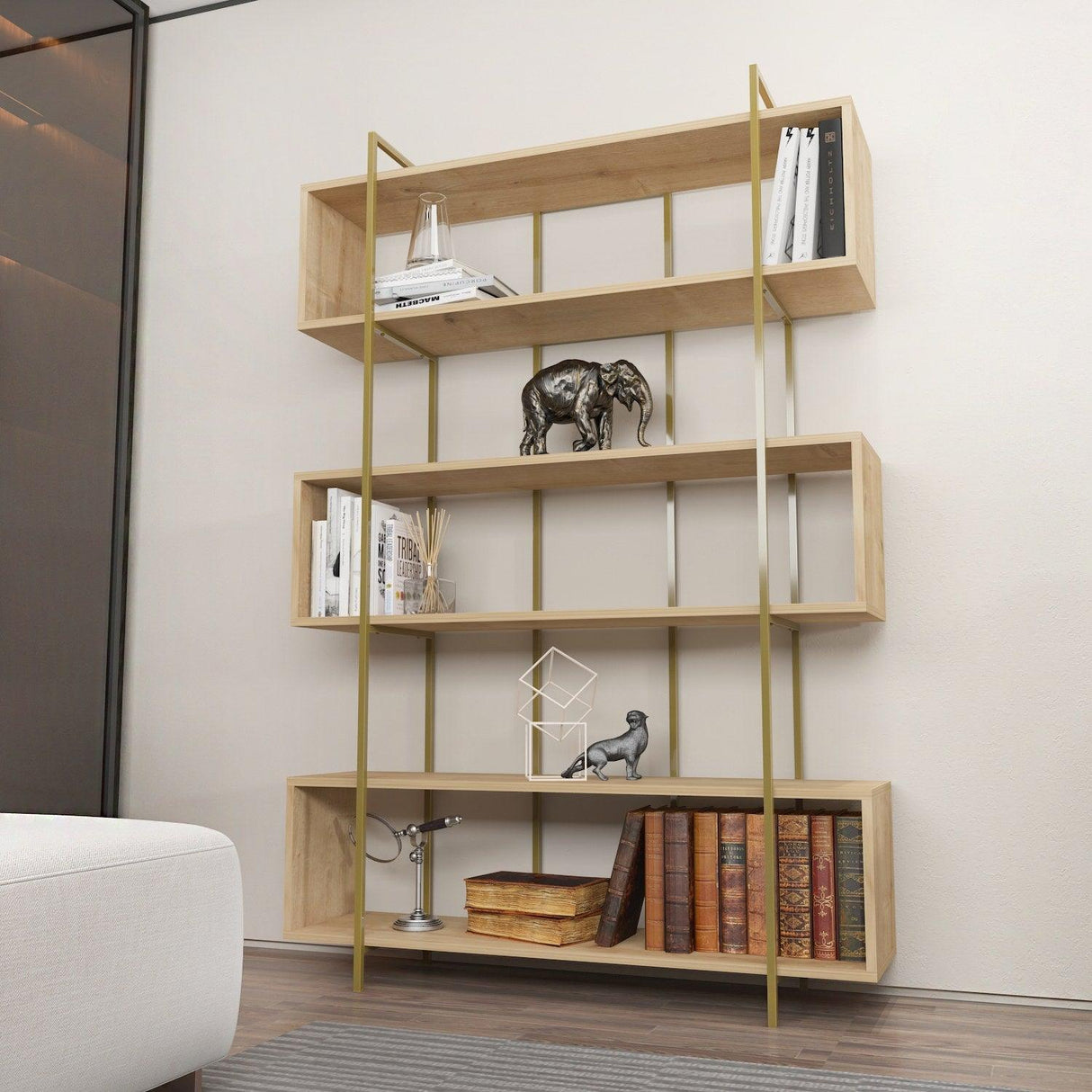 Biblioteca Hugi Lux cu 6 Rafturi, 120x180x30 cm - Bej