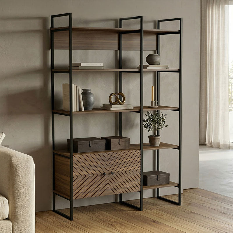 Bibliotecă modernă Rhombo, cu rafturi elegante, finisaj, nuc-negru, 120x35x180 cm