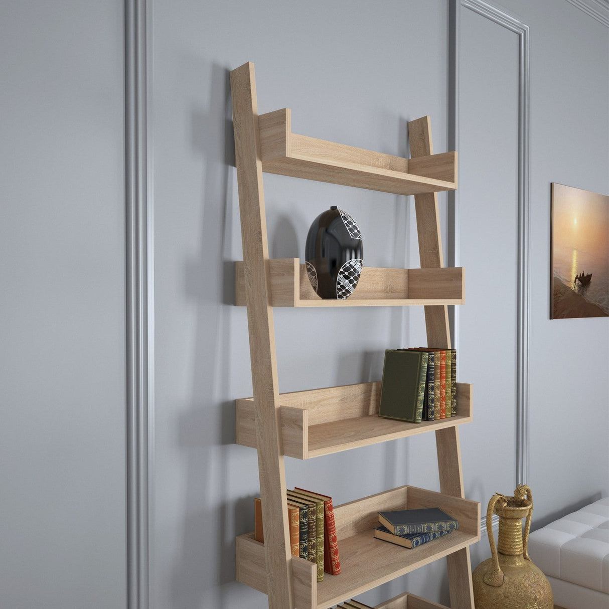 Bibliotecă Only Comforty, stejar - nuc - alb, 80x32x195 cm - Stejar