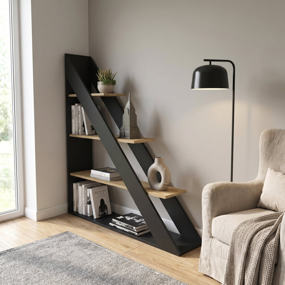 Biblioteca Pisagor cu 4 Rafturi, 120x132x25 cm - Stejar negru