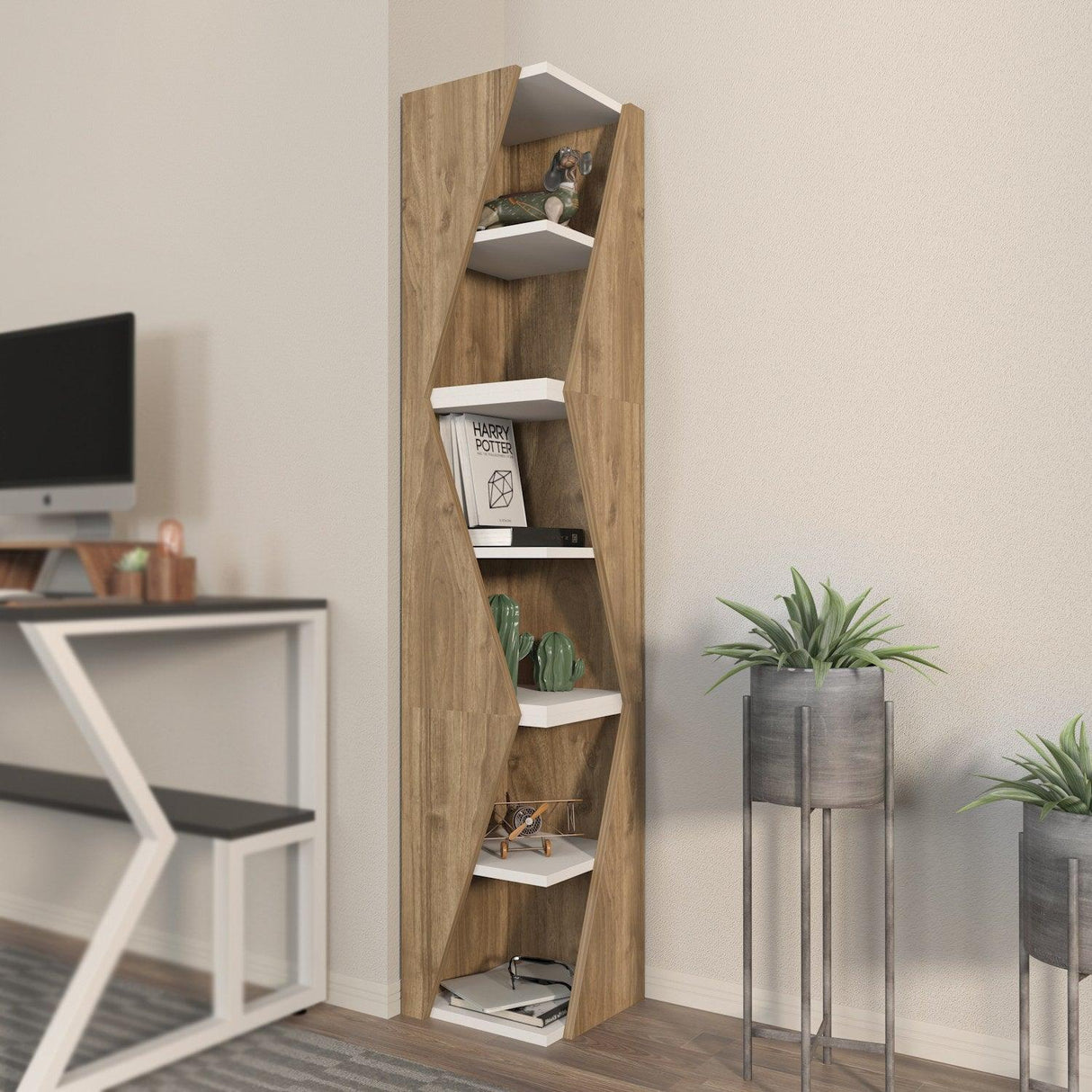 Biblioteca Rawo cu 6 Rafturi Design Elegant, 32x165x32 cm - Nuc Alb